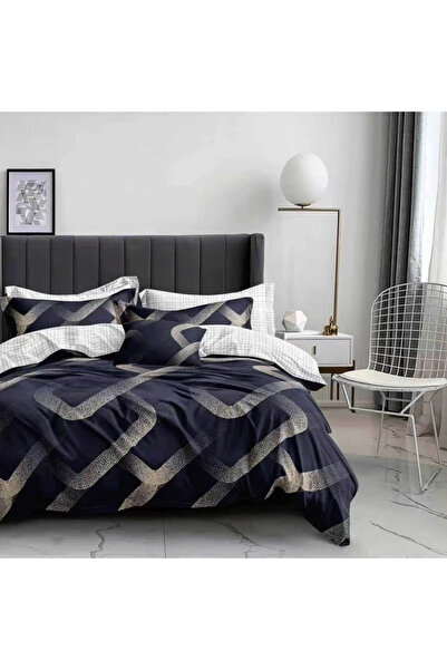 decorami Lenjerie pat dublu, bumbac satinat, 4 piese, Alb, Albastru, abstract