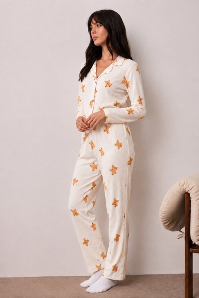 MODAGO Kadın Uzun Kollu Düğmeli Alt Üst Beyaz Pijama Takımı