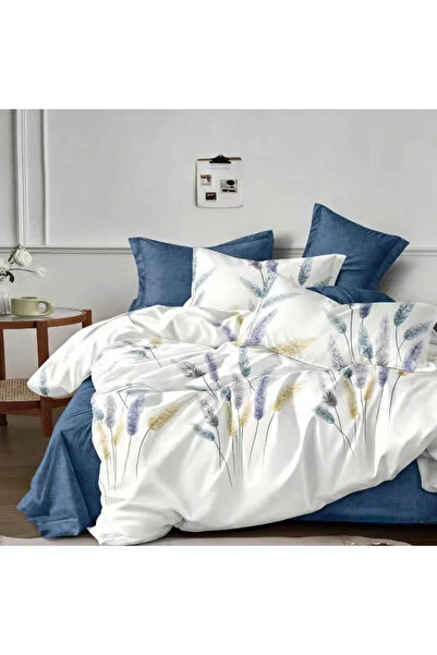 decorami Double bed linen, satin Cotton , 4 pieces, White, Blue, flowers