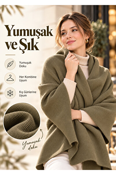 comerciante Khaki Plain Knitwear Women's Shoulder Shawl Soft Textured Winter Shawl 70X175 cm 100% Acrylic
