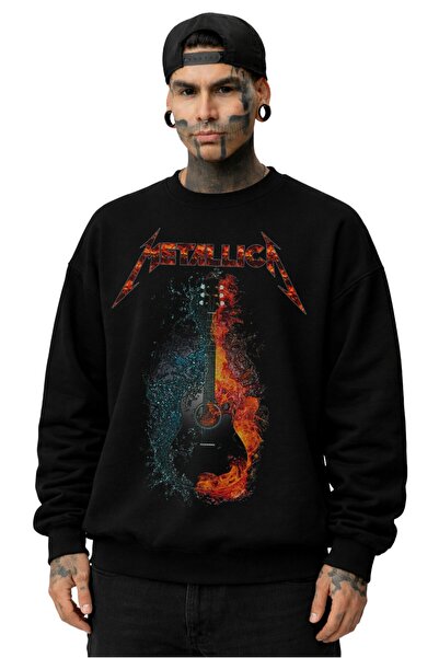 Fuddy Moda Hanorac unisex oversize cu imprimeu Metallica Guitar, cu gâtul rot...