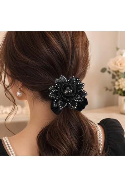FlowerBud Flower Hair Scrunchies Rhinestone Hair Tie Black Flower Hair Elastic