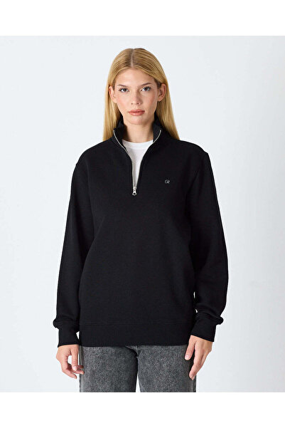 Unisex Yarım Fermuarlı Sweatshirt Dik Yaka 3 İplik Şardonlu Organik Pamuk Nakışlı