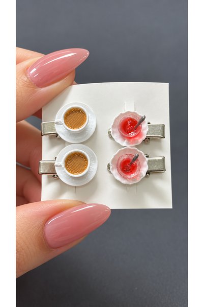 CharmFancy 4'Lü 2 Adet Çay Bardağı ve 2 Adet Kahve Fincanı Toka Sevimli Figür Aksesuar Çocuk Toka
