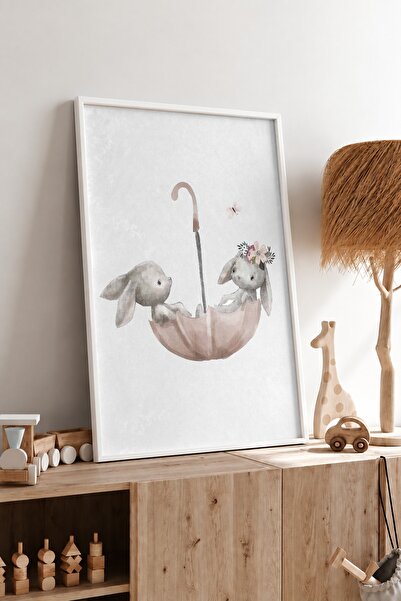 KEYFHOME Iepuri cu umbrelă înrămată MDF Tablou Poster Decor de perete pentru ...