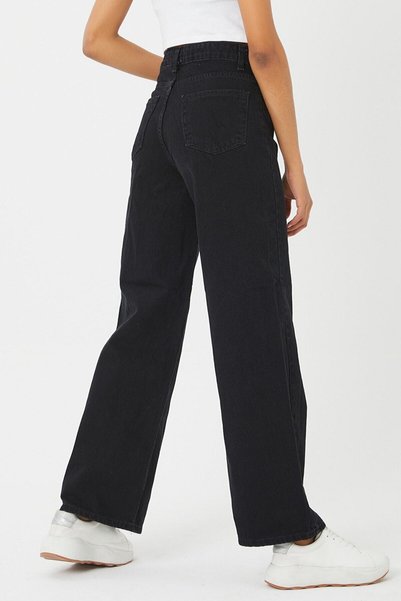 WODDİ Lenvora Relax Fit Black Women's High Waist Loose Comfortable Cut Casual Jean Trousers