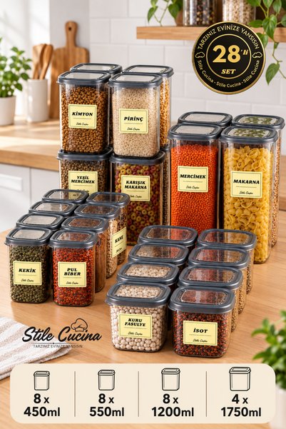 Stile Cucina Square Food Storage Container with Label Gift Set of 28 8X(0.45 ...