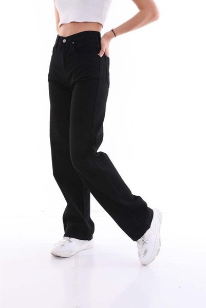 WODDİ Elvoria Relax Fit Black Women's High Waist Loose Comfortable Cut Casual Jean Trousers