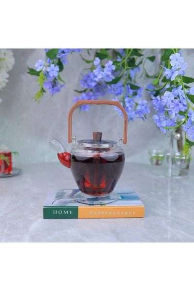 Generic ابريق شاي زجاجي بمقبض خشبي بتصميم أنيق ــ شفاف وبني ــ 850 مل