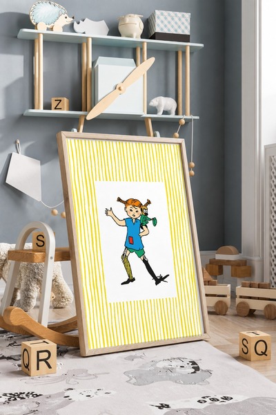 KEYFHOME Pippi Galben cu dungi înrămate MDF Tablou Poster Cadou pentru decora...