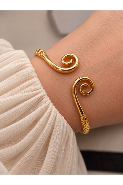 Tarnish-Resistant Steel Spiral Bracelet – Adjustable Engraved Gold Color Women's Bracelet, Vintage Handcuff Style