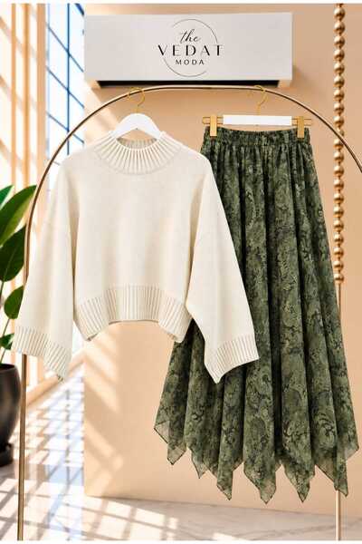 MODA VEDAT Kadın Oversize Triko Bluz - Asimetrik Kesim Tül Etekli Takım -0630