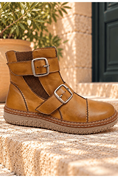 İNZE AYAKKABI Genuine Leather Double Buckle Detailed Boots Model Name: Durga