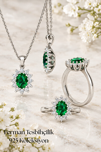 Zümrüt Set , 925 Ayar Gümüş Set, Pırlanta Model Set , Oval Zümrüt Anturaj Kolye ve Anturaj Yüzük