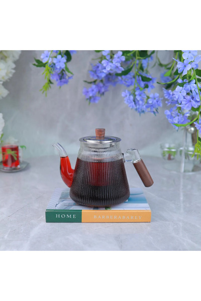 Generic إبريق شاي زجاجي بمقبض خشبي بتصميم أنيق ــ شفاف وبني ــ 950 مل