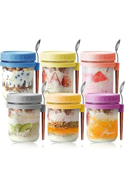 ALMEKAQUZ 6 Pack Overnight Oats Containers with Lids and Spoons, 16 OZ Glass ...