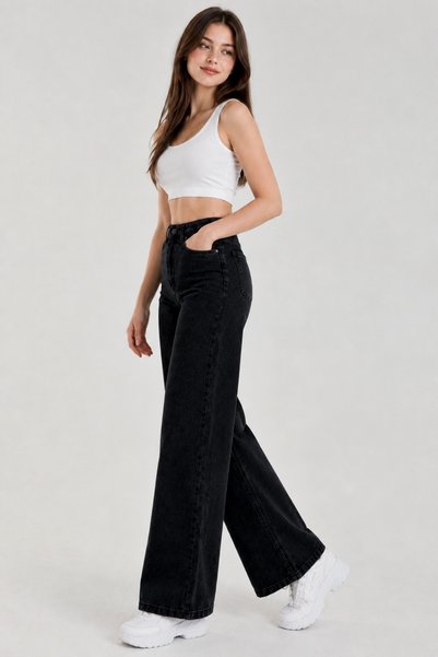 WODDİ Varelia Relax Fit Black Women's High Waist Loose Comfortable Cut Casual Jean Trousers