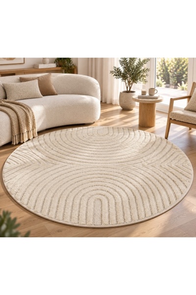 VivaDeco Covor rotund Art V2, D200 cm, Crem, 100% Polipropilenă, Fir cu înălț...