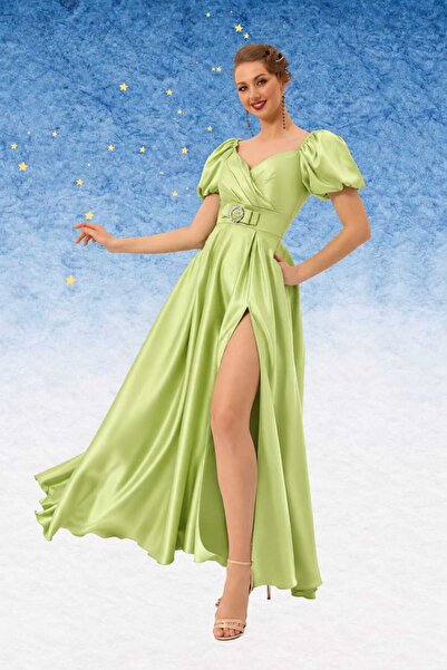 ANAIL Fashion Rochie lungă din tafta satinată verde olive, cu mâneci bufante ...