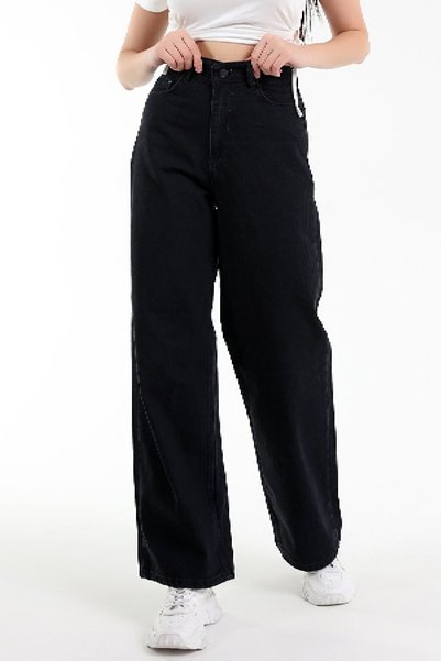 WODDİ Ravelyn Relax Fit Black Women's High Waist Loose Comfortable Cut Casual Jean Trousers