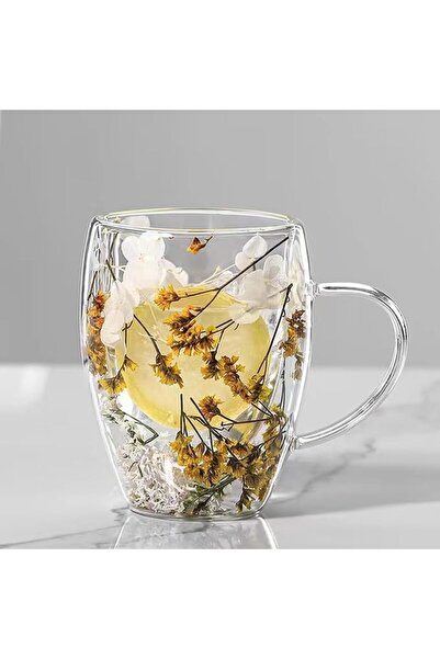 Tazweeq Double Walled Flower Filler Espresso Mug, Yellow Clear Glass Cappucci...