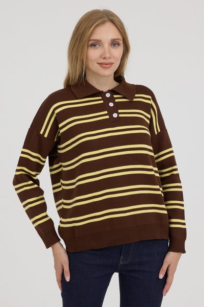 queencity Women's Polo Collar Buttoned Knit Sweater