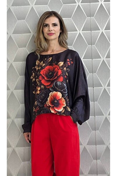 GLAMSI Γυναικεία μπλούζα Camelia από τυπωμένο σατέν, με μακριά μανίκια, ρευστ...