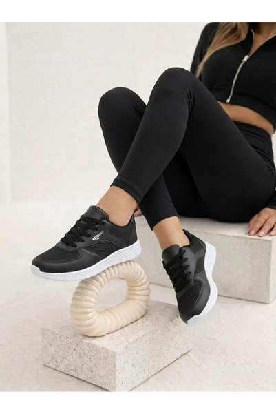 VELLINA Women's Black and White Sole Mesh Anorak Laced Lightweight Sneaker Comfortable Running Shoes with Non-Slip Soles