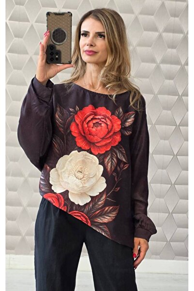 GLAMSI Γυναικεία μπλούζα Camelia από τυπωμένο σατέν, με μακριά μανίκια, ρευστ...