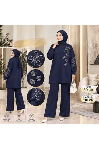 Marka Pearl Embellished Floral Detailed Tunic Trousers Double Hijab Set