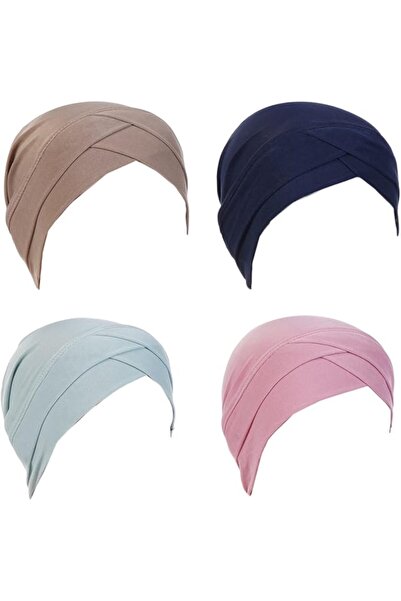 GENERAL 4Pcs Solid Color Full Cover Inner Hijab Caps Muslim Forehead Cross Tu...