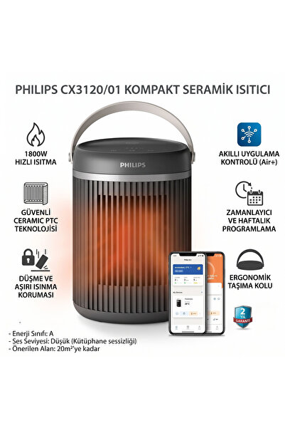 Philips Kompakt Seramik Isıtıcı 2000W Siyah - 20m2 Alan Etkili, 24dB Ultra Sessiz Akıllı Air+ Uygulama Kontrollü, Hızlı Isıtma Sağlayan, Zamanlayıcılı, Aşırı Isınma ve Devrilme Emniyetli
