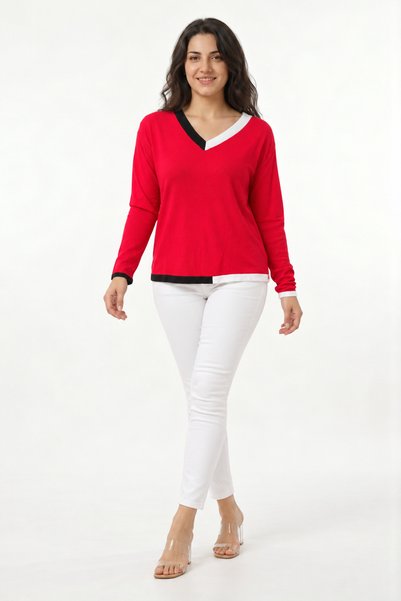 EtkiModa Women's V-Neck Knitwear Blouse with Line Detail on the Collar and Skirt