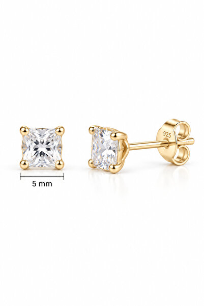 Nereze 925 Ayar Gümüş Gold Kaplama 5 mm Kare Star Kesim Minimal Tektaş Küpe