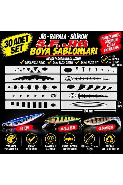 SF Jig Jig, Rapala, Silikon Balık Boya Şablonu 120mm Seti – 30 Adet Balık Des...