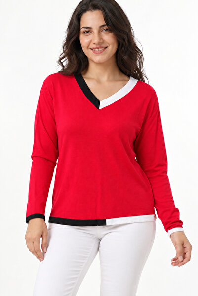 EtkiModa Women's V-Neck Knitwear Blouse with Line Detail on the Collar and Skirt