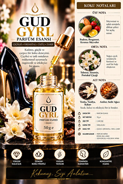 GUD GYRL Kadın Parfüm Esansı 50 g - Çiçeksi Oryantal Koku - Tatlı ve Zarif Koku - Cam Damlalıklı Şişe