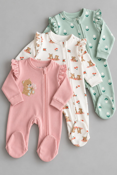 My Babies Label 3’lü Kız Bebek Fermuarlı Patikli Tulum Seti – Ayıcık Nakışlı,...