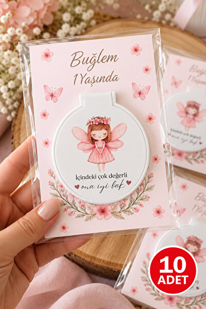 Kişiye Özel Kartlı Cep Aynası – Pembe Peri Temalı Bebek Mevlüt, Doğum ve Yaş Günü Hediyeliği