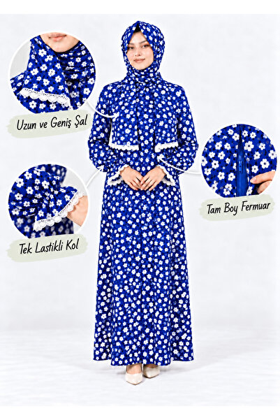 AKPİYYER Viscose Cotton Self-Shalied Full-Length Zippered Practical Prayer Dress with Lace Details