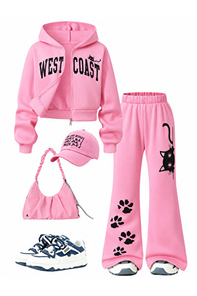 cc collection Kız Çocuk Pembe Kedi Baskılı Kapüşonlu Fermuarlı Geniş Paça 2’l...