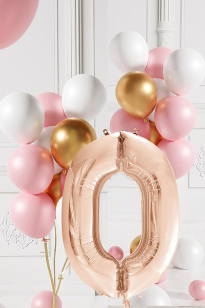 0 Yaş Retro Gold Pembe Beyaz Balon Seti Rose Gold Rakamlı Doğum Günü Balonu Şık Parti Süsleme