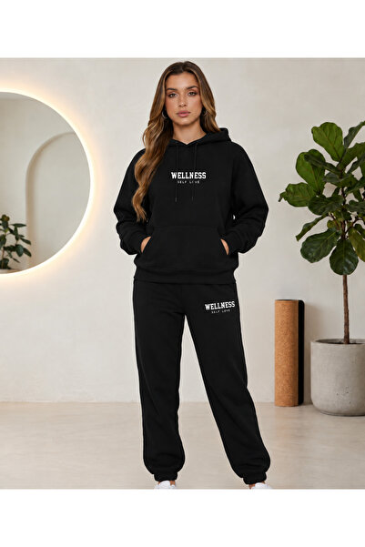 CLOTHES33 Set de trening cu glugă, 2 piese, de iarnă, cu imprimeu Wellness, p...