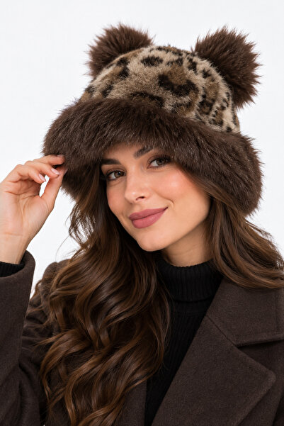 ZERAMİNE Women's Winter Plush Hat Leopard Patterned Ear Detailed Furry Bucket...