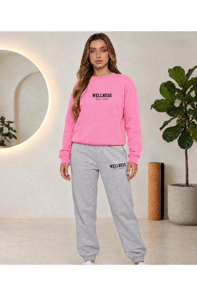 CLOTHES33 Set de trening cu guler rotund, 2 piese, model unisex pentru femei/...