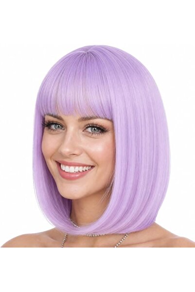 eNilecor Short Bob Hair Wigs 12" Straight with Flat Bangs Synthetic Colorful ...