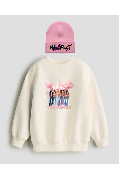 No9Wear Manifest Grubu Toz Pembe Baskılı Kız Çocuk Sweatshirt & Manifest Bask...