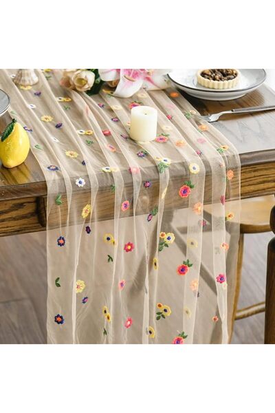 Tazweeq Embroidery Daisy Gauze Table Runner 120 Inch 10FT, Seasonal Sheer Kit...