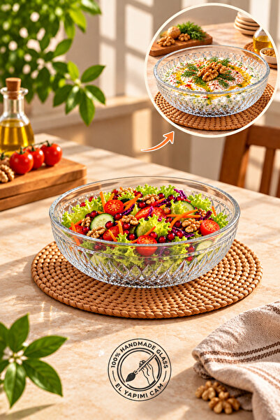 nakkaşe natural el yapımı büyük boy cam salata,meze,meyve ve sunum kasesi