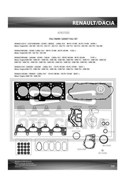 MOTOR TAKIM CONTASI MGN / LGN-LOGAN 1.4-1.6 16V (K4J-K4M) (KE�ELI + SU BAP LASTIKLI)